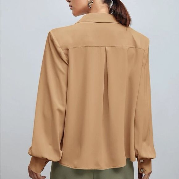 Shein BIZwear Notched Collar Bishop Beige/nude Sleeve Blouse Medium NEW - Picture 4 of 4